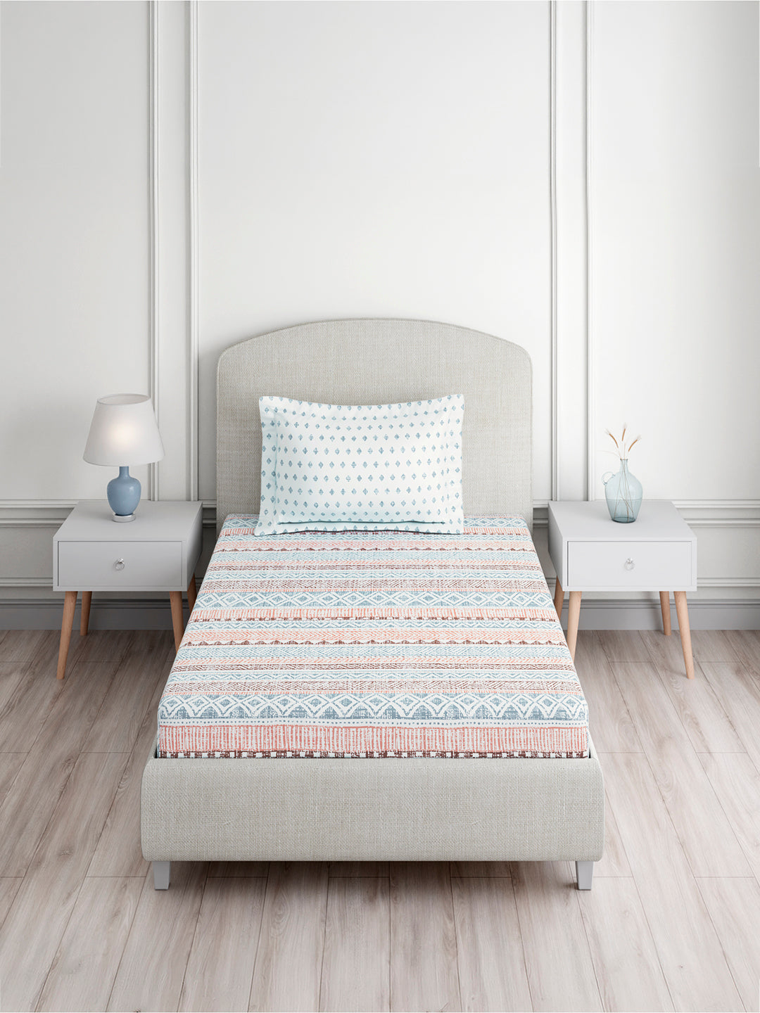 Valatia 100% Cotton Single Bedsheet with 1 Pillow Cover | Blue Geometrical 200 TC Bedsheet Set