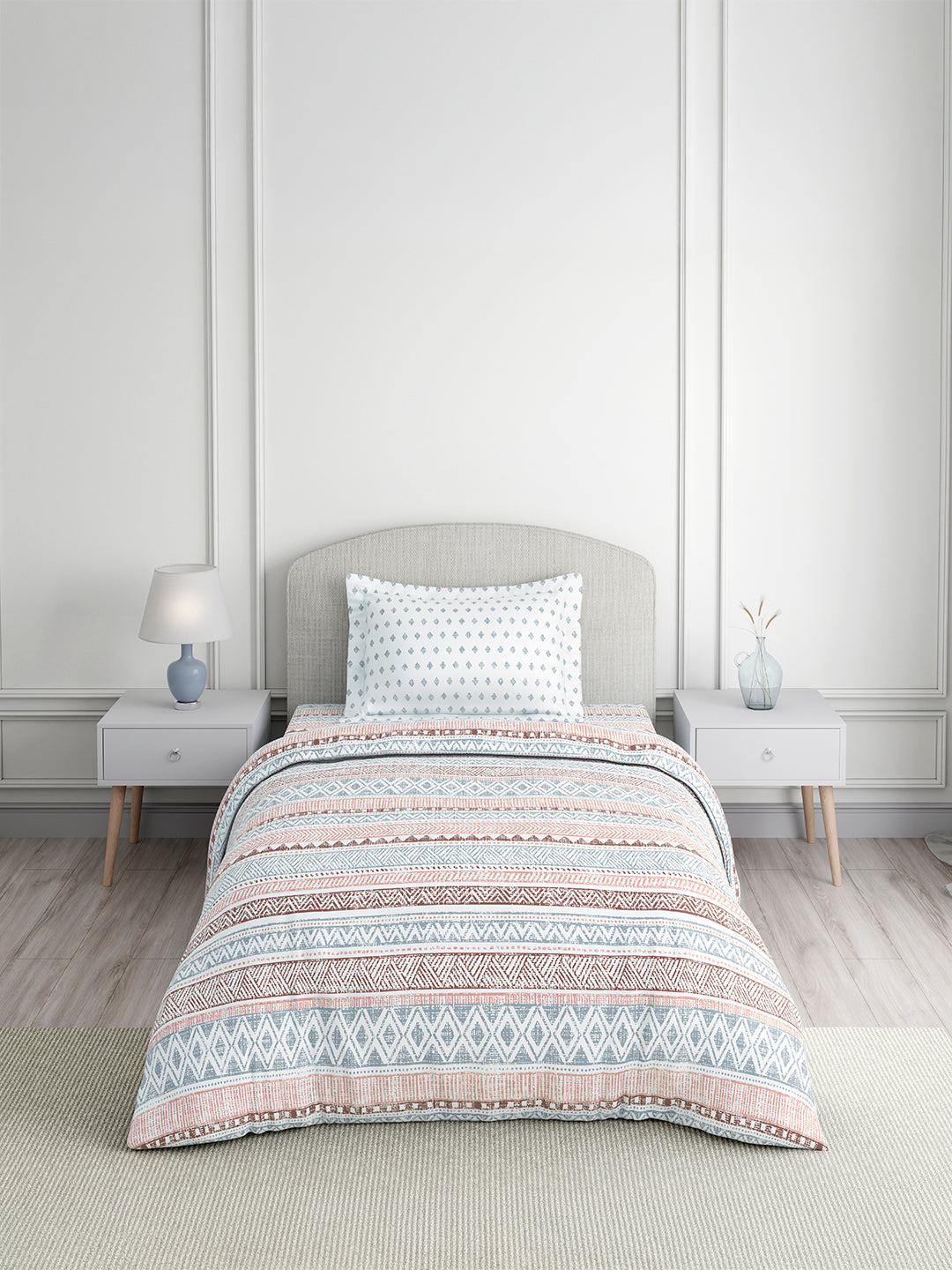 Valatia 100% Cotton Single Bedsheet with 1 Pillow Cover | Blue Geometrical 200 TC Bedsheet Set