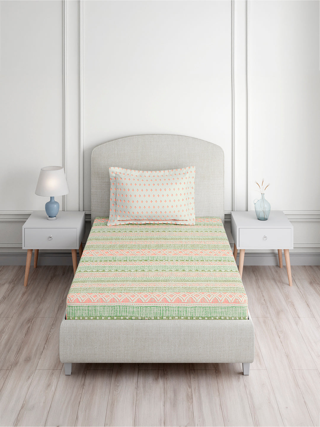 Valatia 100% Cotton Single Bedsheet with 1 Pillow Cover | Green Geometrical 200 TC Bedsheet Set