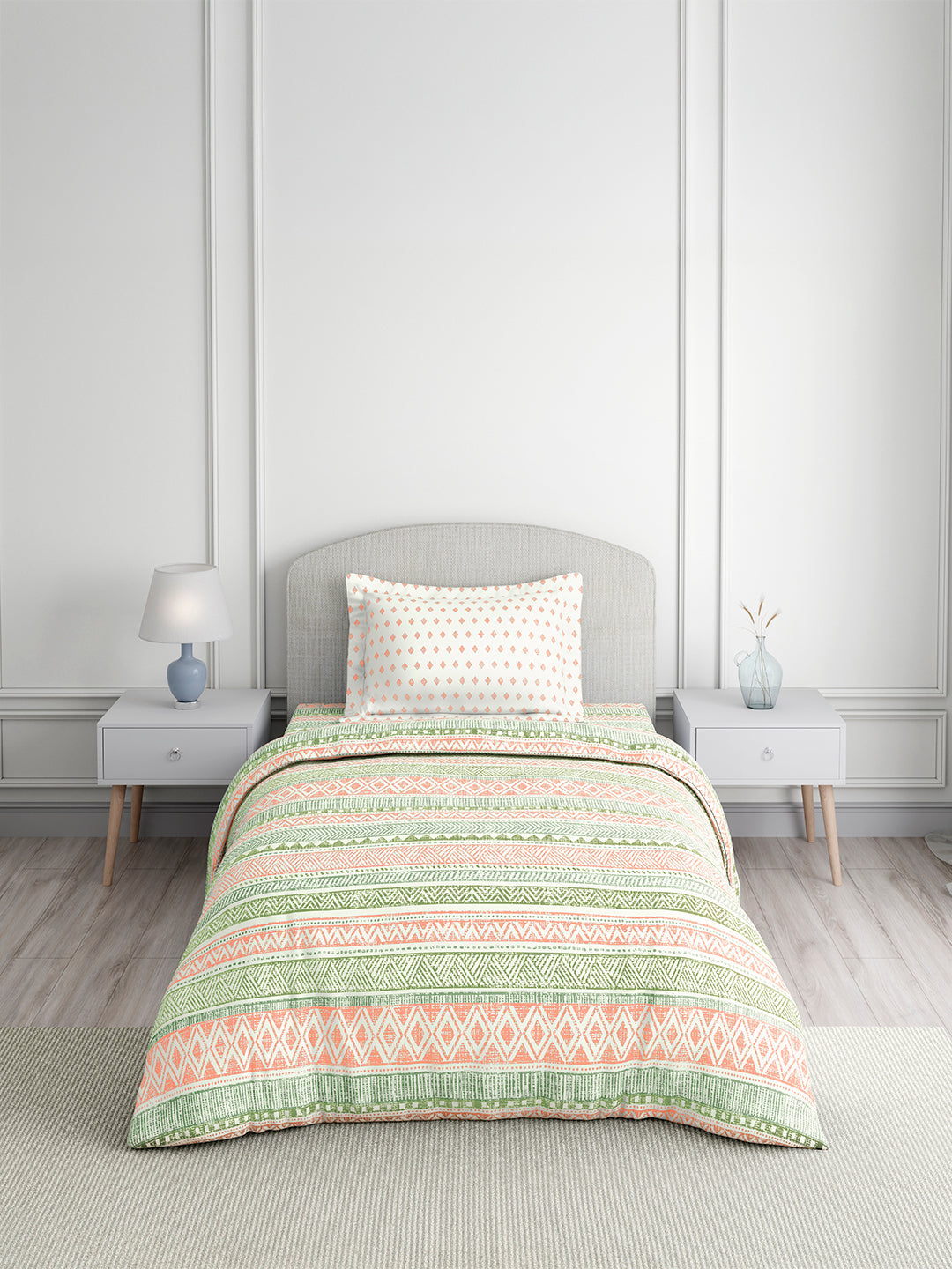 Valatia 100% Cotton Single Bedsheet with 1 Pillow Cover | Green Geometrical 200 TC Bedsheet Set