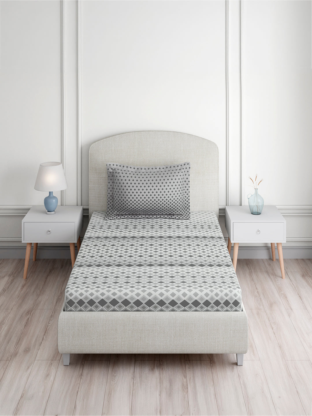 Valatia 100% Cotton Single Bedsheet with 1 Pillow Cover | Grey Geometrical 200 TC Bedsheet Set