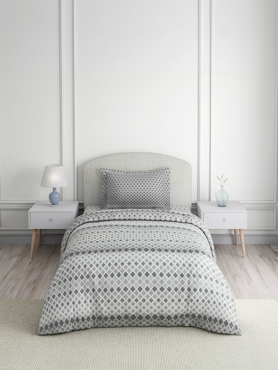 Valatia 100% Cotton Single Bedsheet with 1 Pillow Cover | Grey Geometrical 200 TC Bedsheet Set
