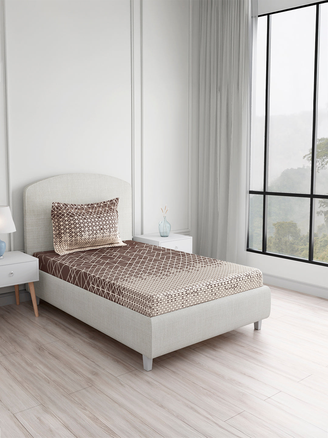Valatia 100% Cotton Single Bedsheet with 1 Pillow Cover | Brown Geometrical 200 TC Bedsheet Set
