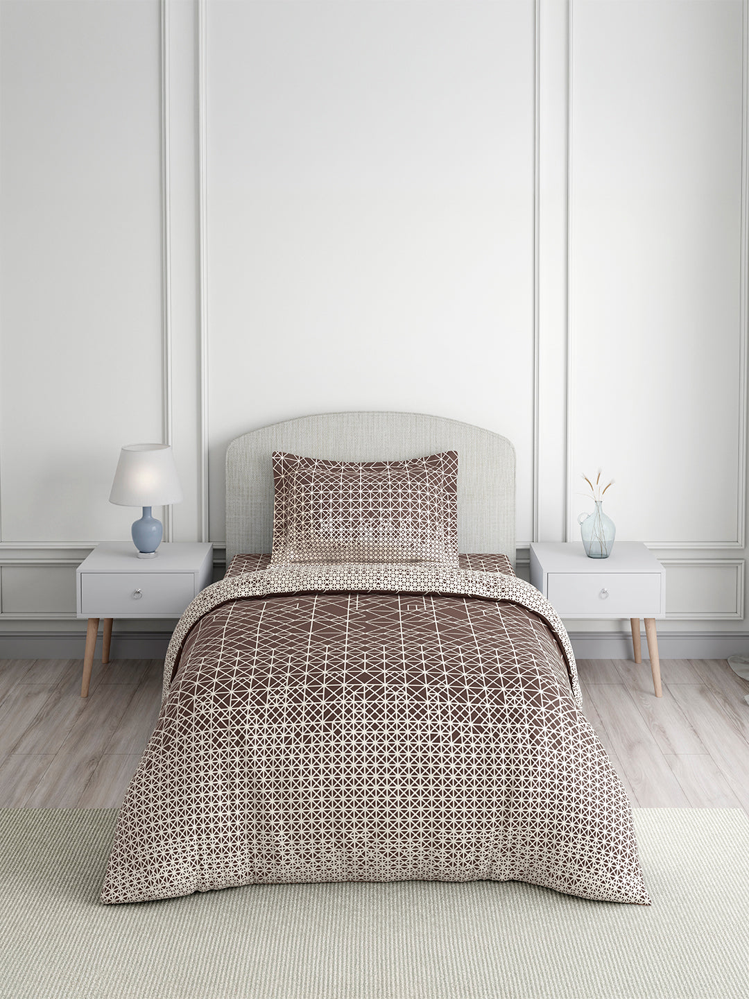 Valatia 100% Cotton Single Bedsheet with 1 Pillow Cover | Brown Geometrical 200 TC Bedsheet Set