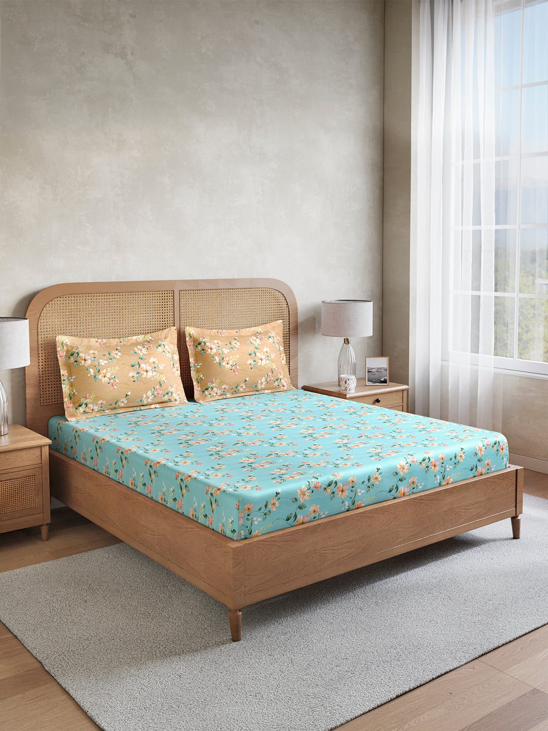 Vivara 100% Cotton King Bedsheet with 2 Pillow Covers | Blue Floral Digitally Printed Bedsheet Set