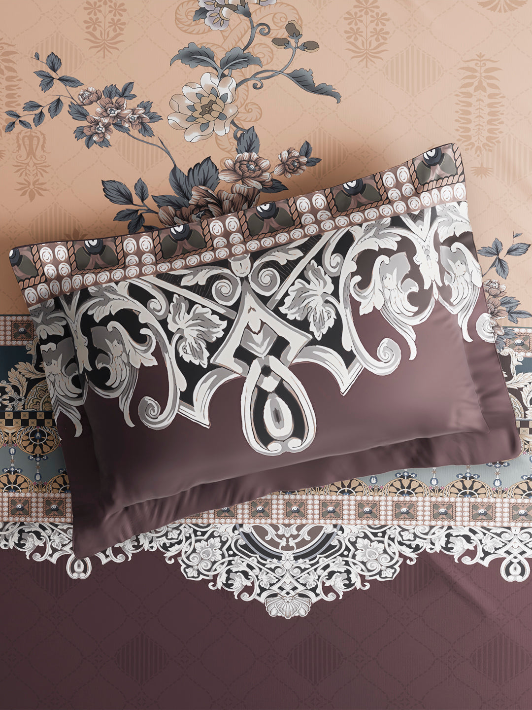 Vivara 100% Cotton King Bedsheet with 2 Pillow Covers | Grey & Brown Floral Digitally Printed Bedsheet Set