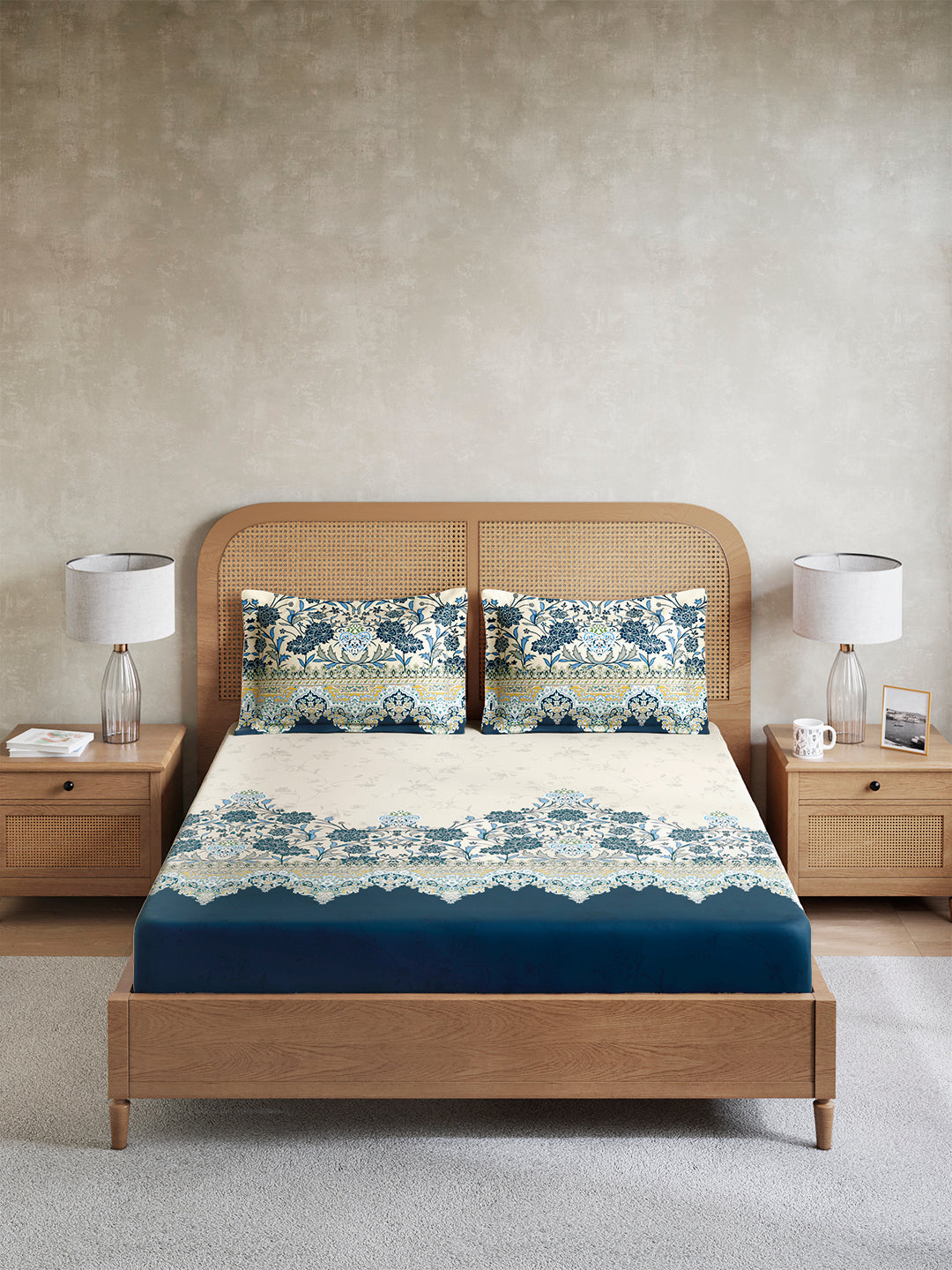 Vivara 100% Cotton King Bedsheet with 2 Pillow Covers | Blue & Beige Floral Digitally Printed Bedsheet Set