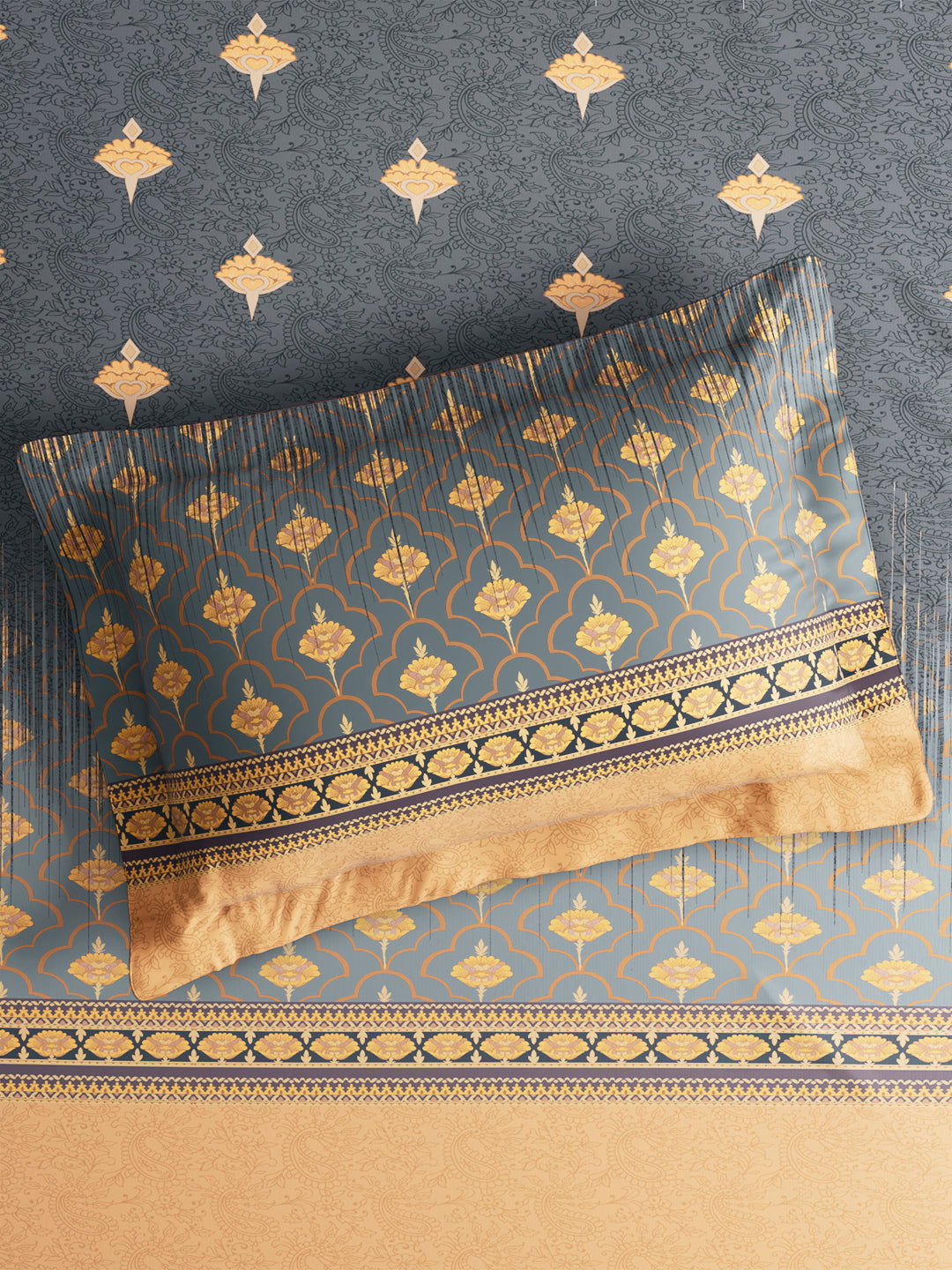 Vivara 100% Cotton King Bedsheet with 2 Pillow Covers | Grey & Yellow Floral Digitally Printed Bedsheet Set