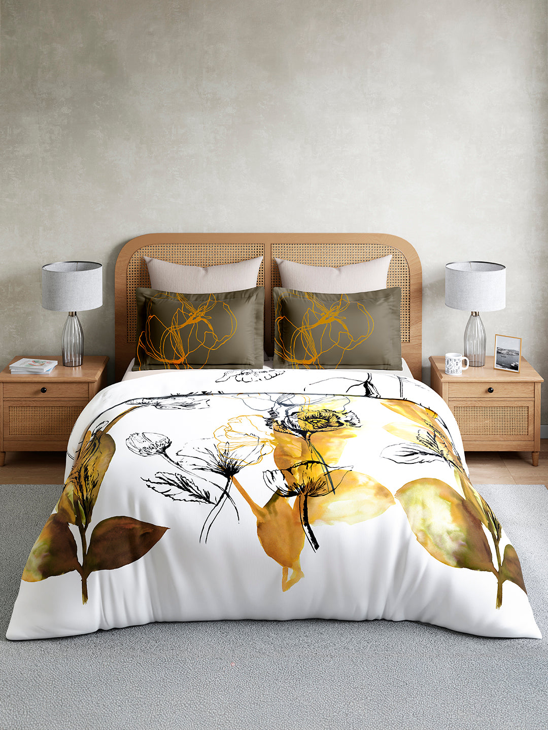 Vivara 100% Cotton King Bedsheet with 2 Pillow Covers | White & Yellow Floral Digitally Printed Bedsheet Set