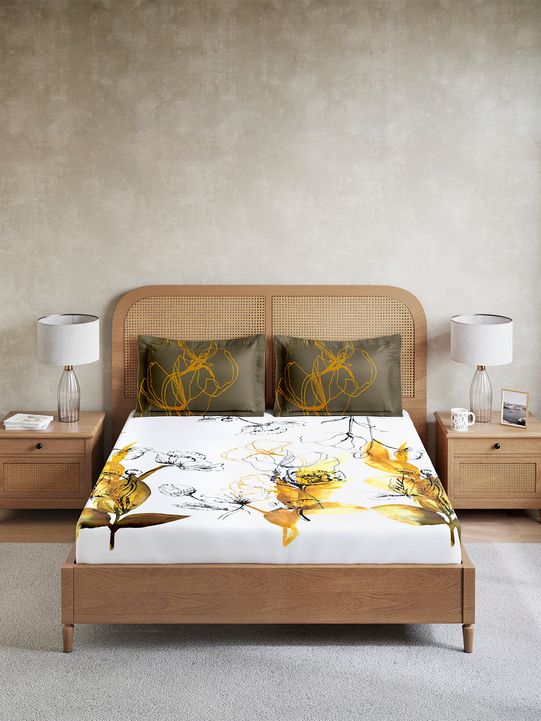 Vivara 100% Cotton King Bedsheet with 2 Pillow Covers | White & Yellow Floral Digitally Printed Bedsheet Set