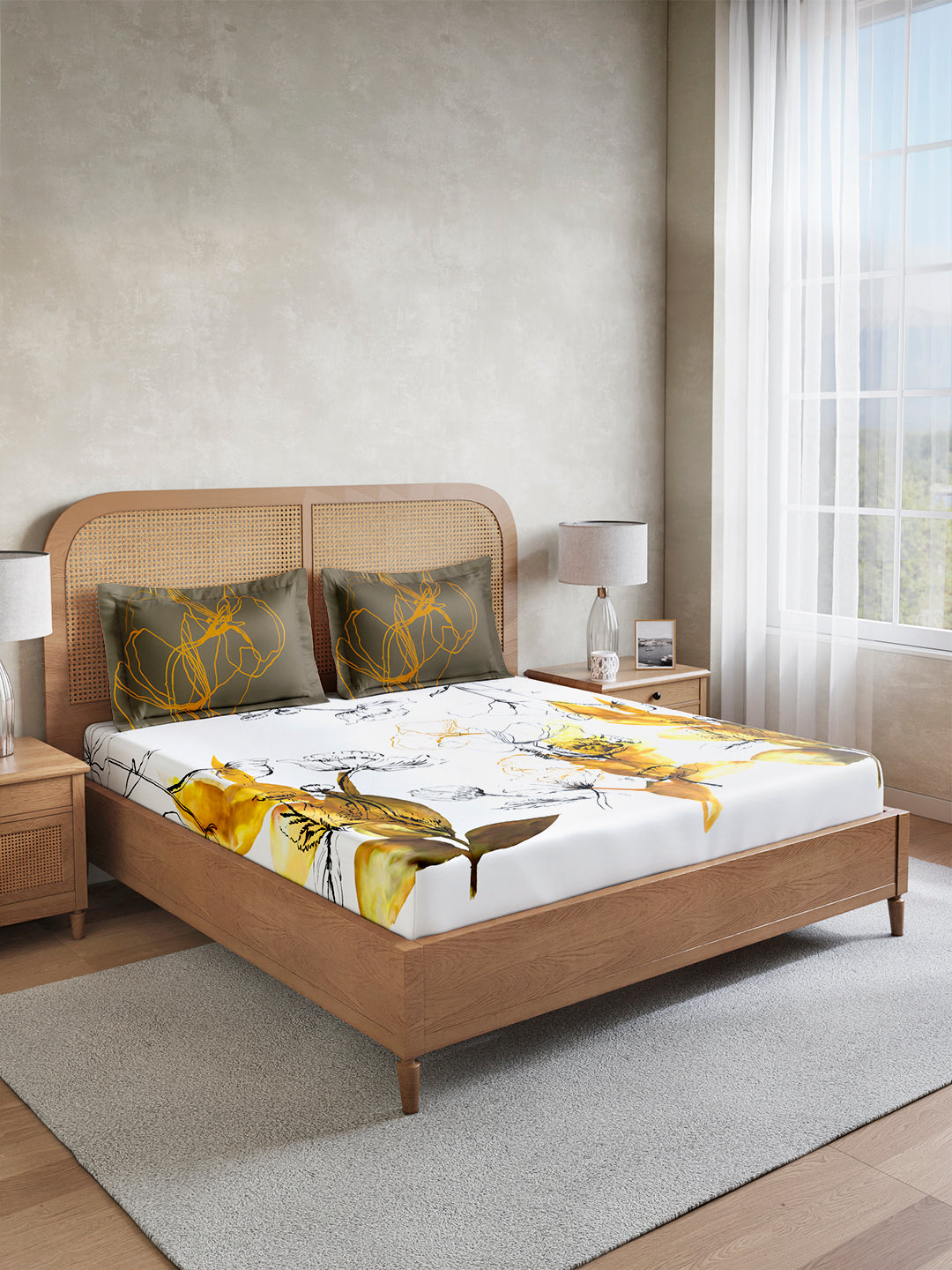 Vivara 100% Cotton King Bedsheet with 2 Pillow Covers | White & Yellow Floral Digitally Printed Bedsheet Set