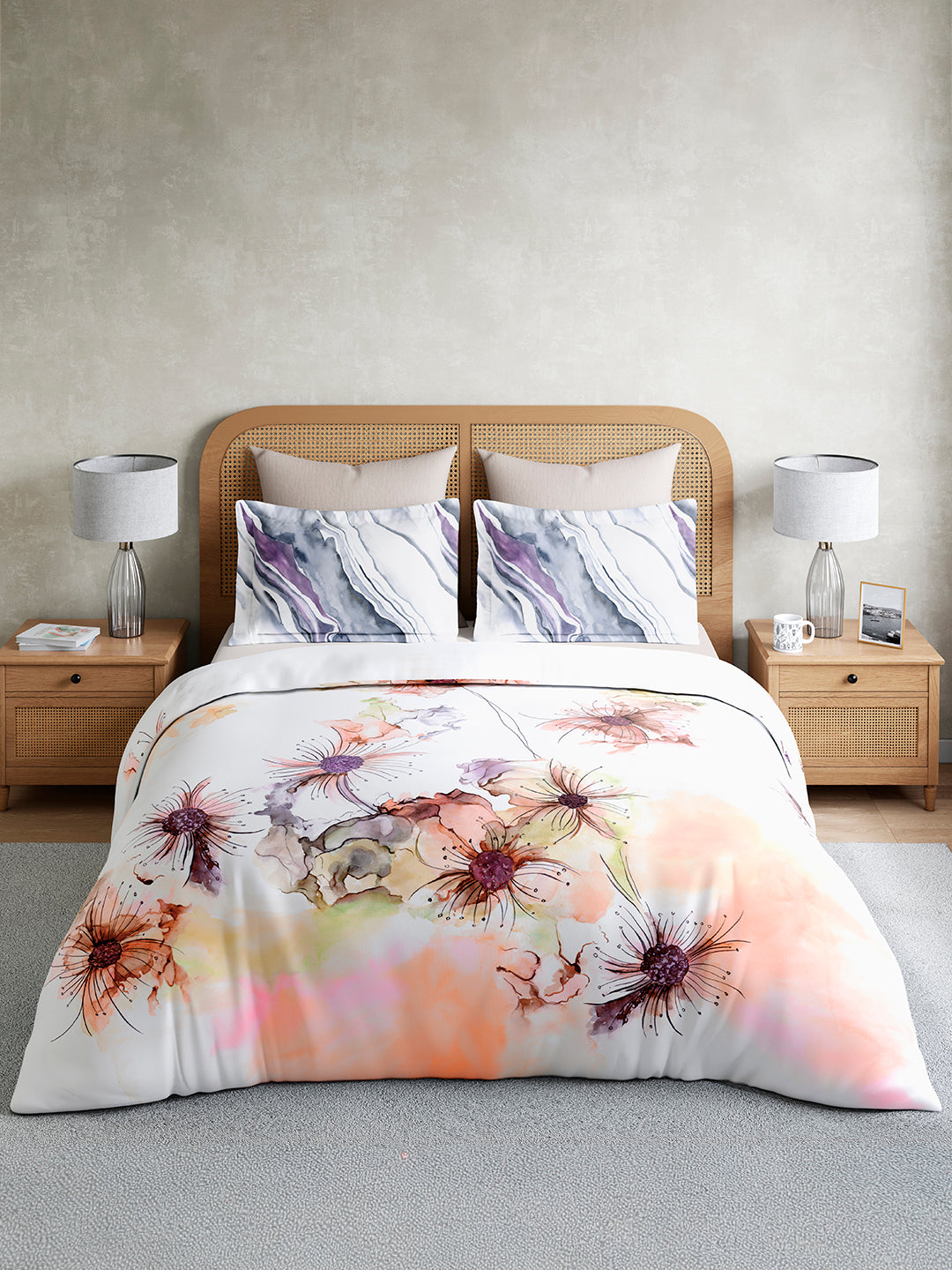 Vivara 100% Cotton King Bedsheet with 2 Pillow Covers | White Floral Digitally Printed Bedsheet Set