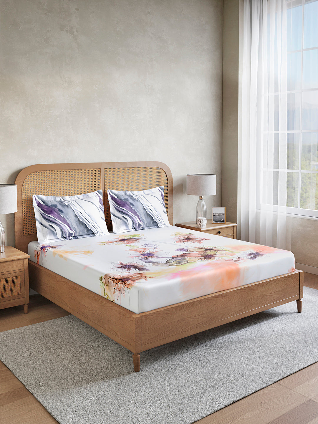 Vivara 100% Cotton King Bedsheet with 2 Pillow Covers | White Floral Digitally Printed Bedsheet Set