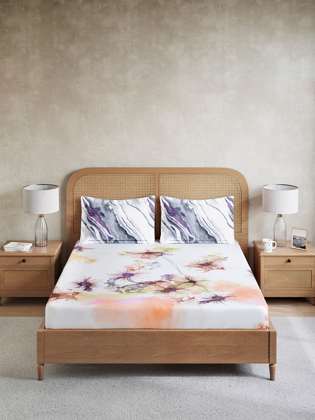 Vivara 100% Cotton King Bedsheet with 2 Pillow Covers | White Floral Digitally Printed Bedsheet Set