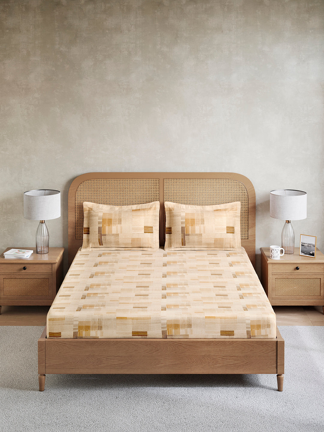 Vivara 100% Cotton King Bedsheet with 2 Pillow Covers | Beige Stripes Digitally Printed Bedsheet Set