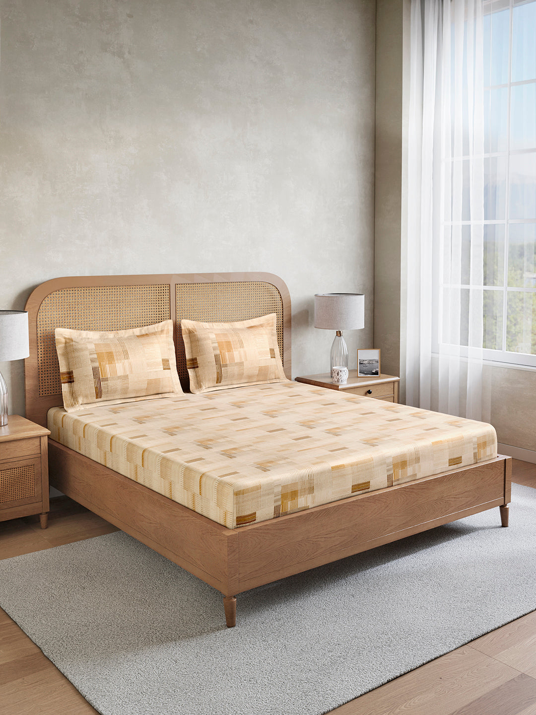 Vivara 100% Cotton King Bedsheet with 2 Pillow Covers | Beige Stripes Digitally Printed Bedsheet Set
