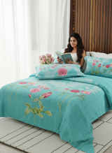 Gardenia Augusta 100% Cotton 300 TC Blue Floral Bedsheet with 2 Pillow Covers - Super King (120 L x 120 W inches)