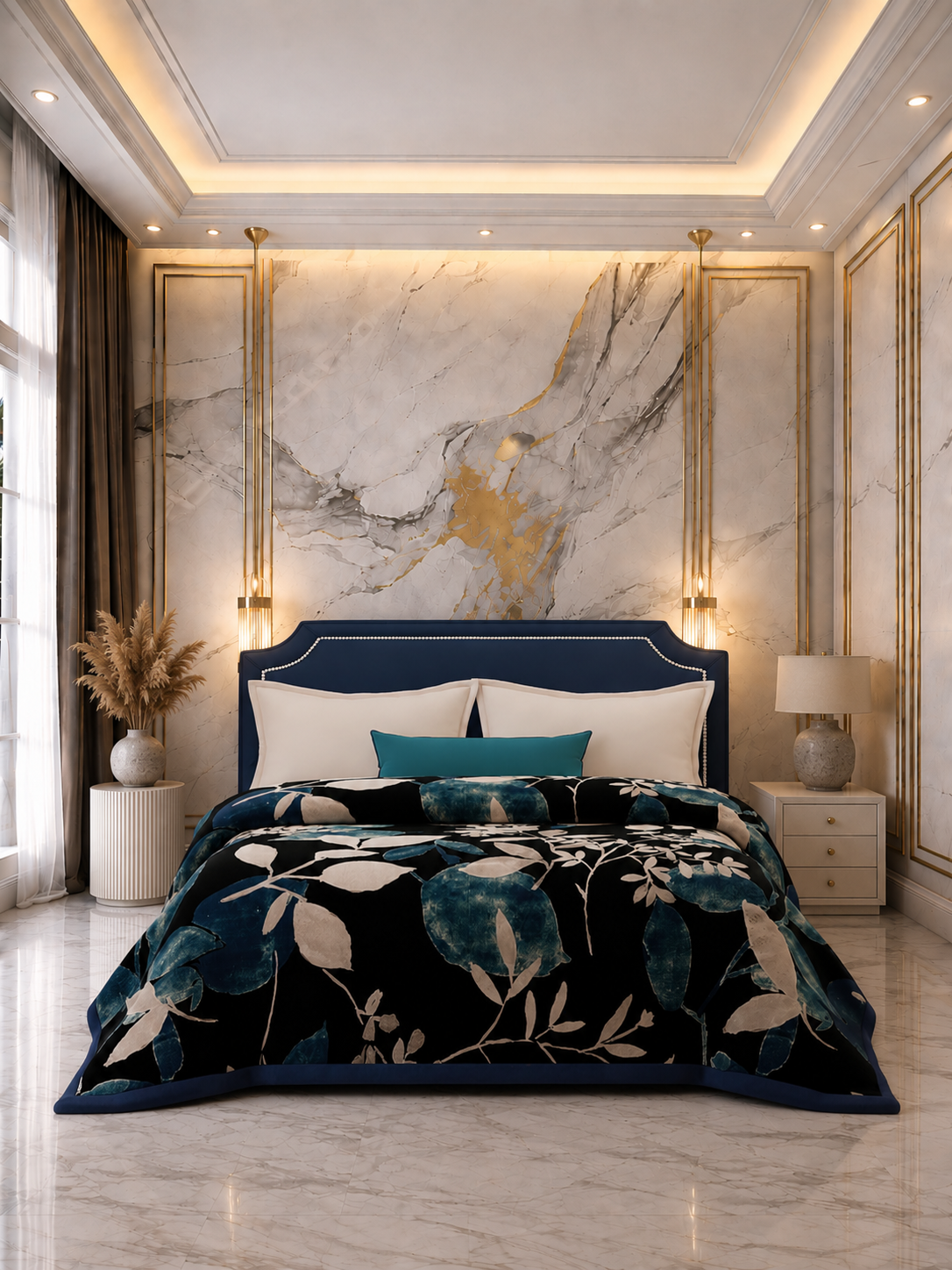 Double Size 3-Ply Blanket for Heavy Winter, Blue Floral, (2.40 m L x 2.20 m W), Luxe Loom