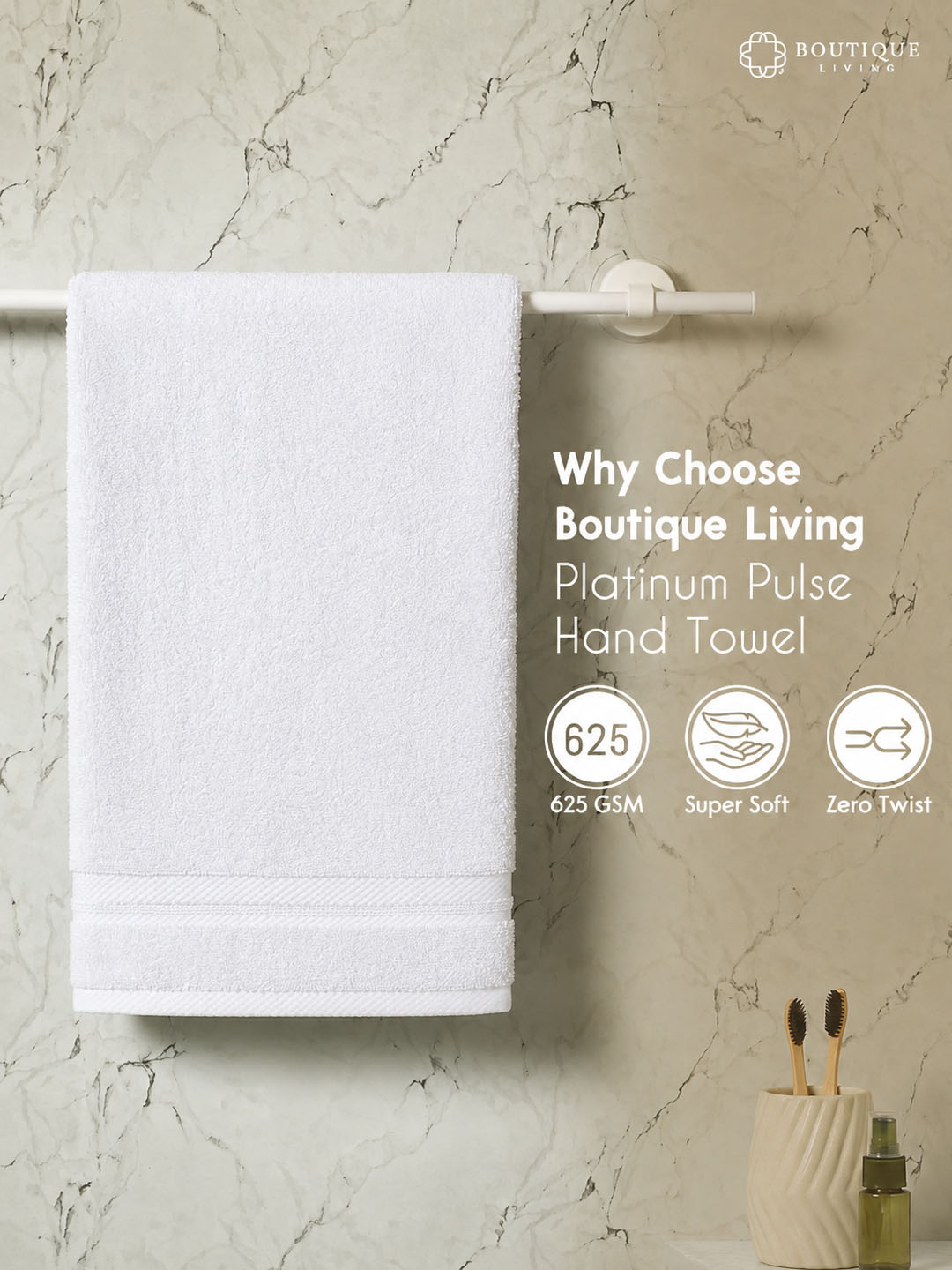 Platinum Pulse 100% Cotton 625 GSM White Hand Towels (Pack of 2)