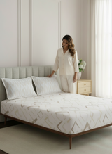 King Fitted Sheet Set, 100% Cotton 152 TC, White & Brown Geometrical, Embrace