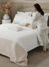 Royal Essence 100% Cotton 400 TC Beige & White Ethnic Print King Bedsheet with 4 Pillow Covers & 2 Cushion Covers