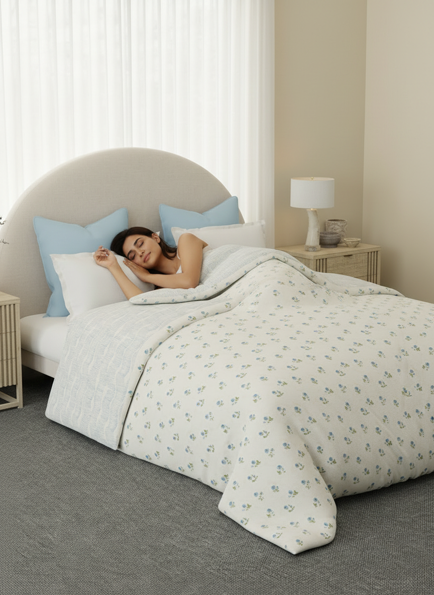 Reversible Double Comforter 100% Cotton 300 TC — Blue Floral Design | Cottage Garden Collection, Cozy Winter Bedding