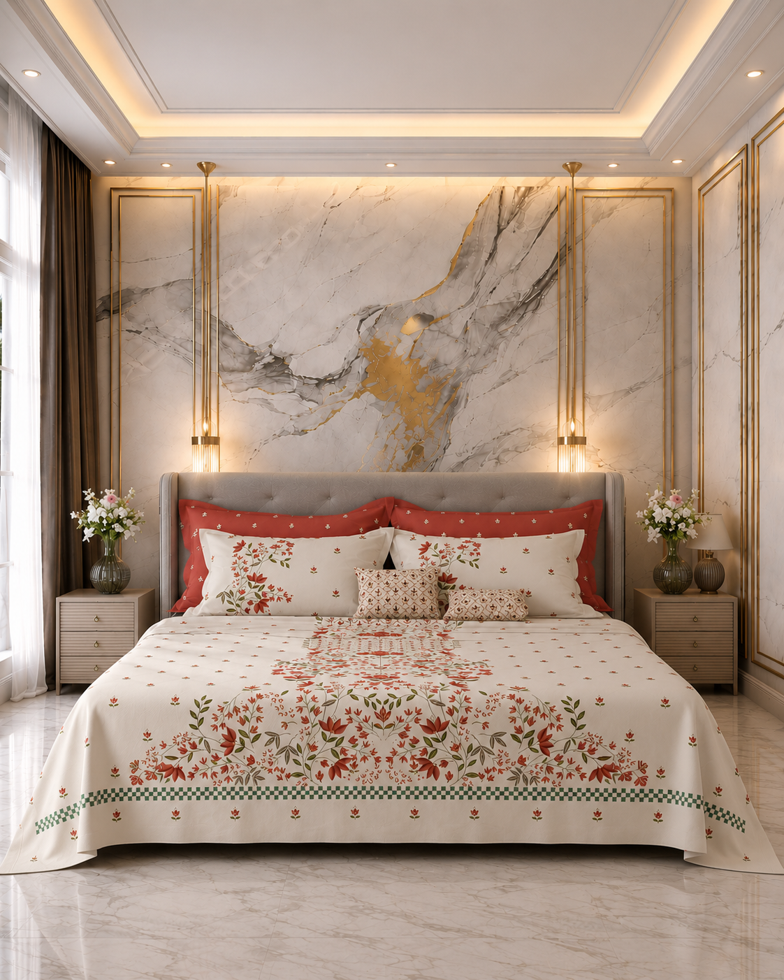 Luxe Loom 100% Cotton 600 TC King Bedsheet with 4 Pillow Covers & 2 Cushion Covers | Red & White Floral Bedsheet Set