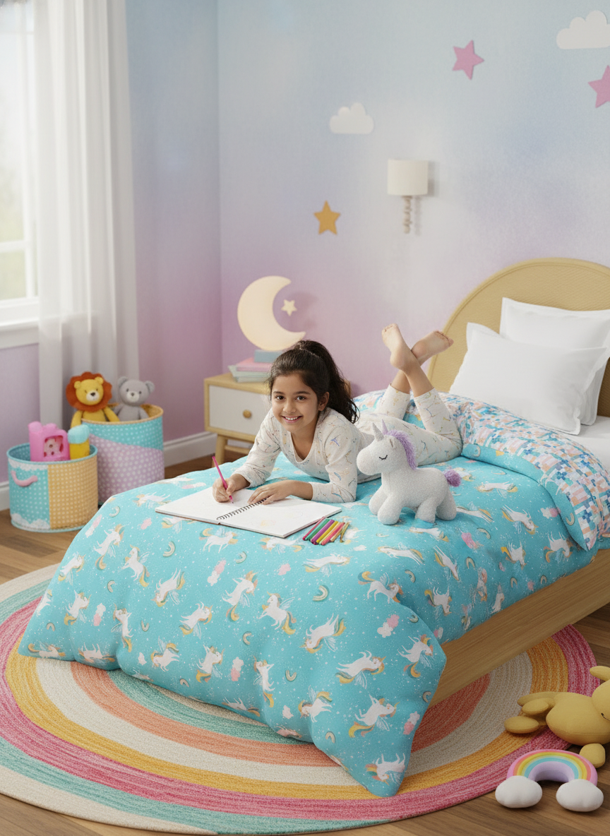 100% Cotton Blue Reversible Single Comforter For Kids, 200 TC Unicorn Print , Rock N Room Collection