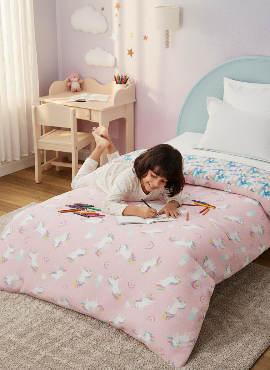 100% Cotton Pink Reversible Single Comforter For Kids, 200 TC Unicorn Print, Rock N Room Collection