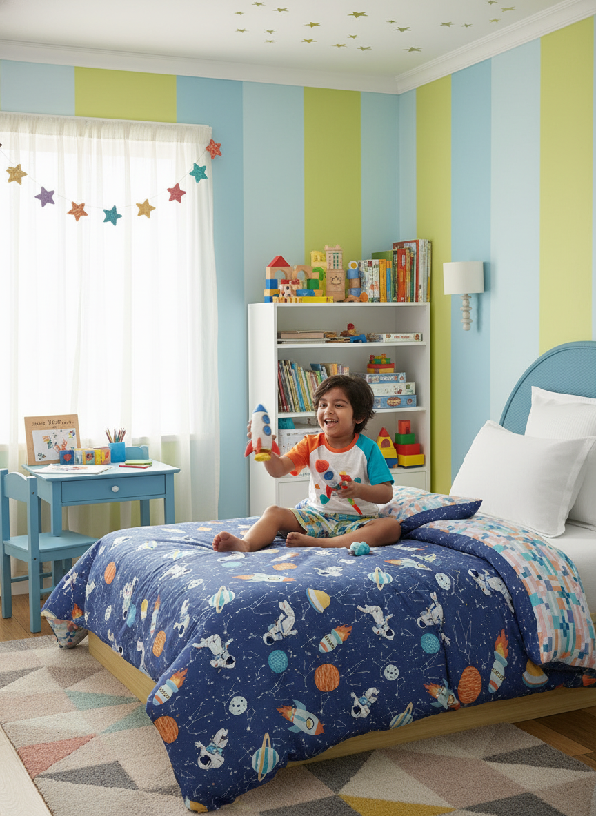 100% Cotton Dark Blue Reversible Single Comforter For Kids, 200 TC Space & Rocket Print, Rock N Room Collection