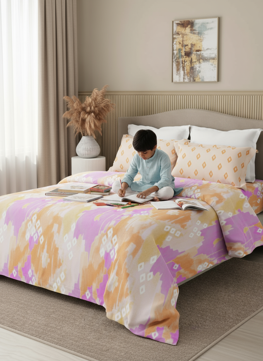 Embrace 100% Cotton 152 TC Orange & Purple Geometrical Print Double Bedsheet with 2 Pillow Covers