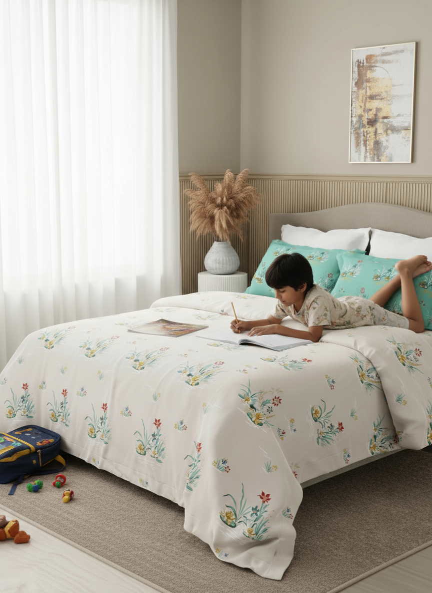 Embrace 100% Cotton 152 TC White & Green Floral Double Bedsheet with 2 Pillow Covers