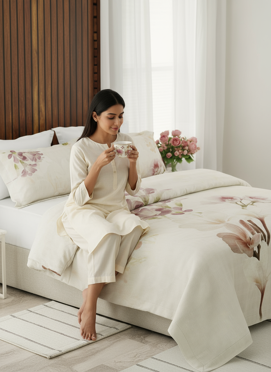 Boutique Living bedsheet category featuring premium 100% cotton floral bedsheets arranged in a serene, modern bedroom setting for luxurious comfort.
