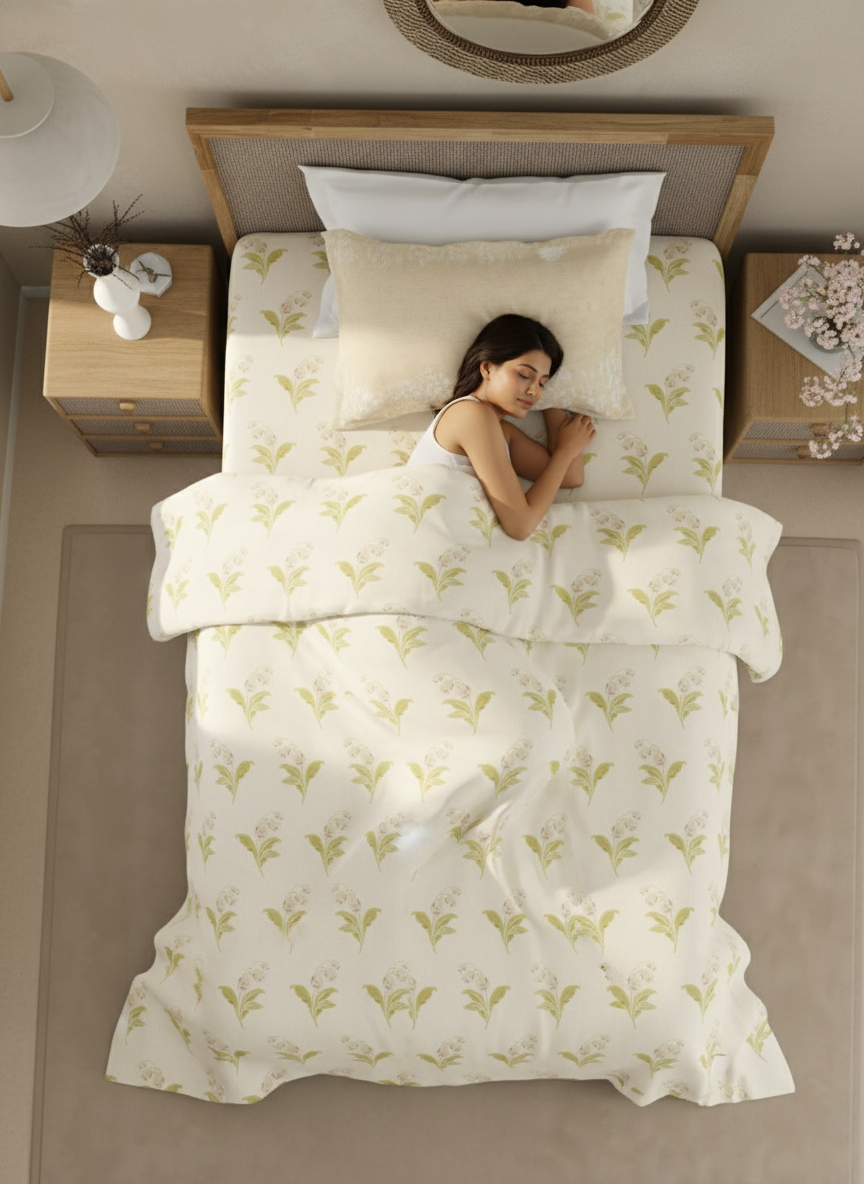 Valatia 100% Cotton 200 TC Single Bedsheet with 1 Pillow Cover - Cream Floral