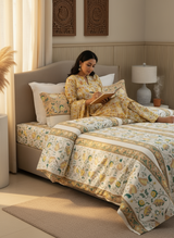 100% Cotton 200 TC Karigari Printed Single Bedsheet with 1 Pillow Cover - Yellow & White - Valatia