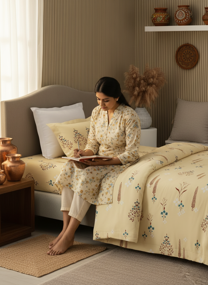 100% Cotton 200 TC Karigari Printed Single Bedsheet with 1 Pillow Cover - Yellow - Valatia