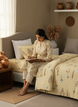 100% Cotton 200 TC Karigari Printed Single Bedsheet with 1 Pillow Cover - Yellow - Valatia