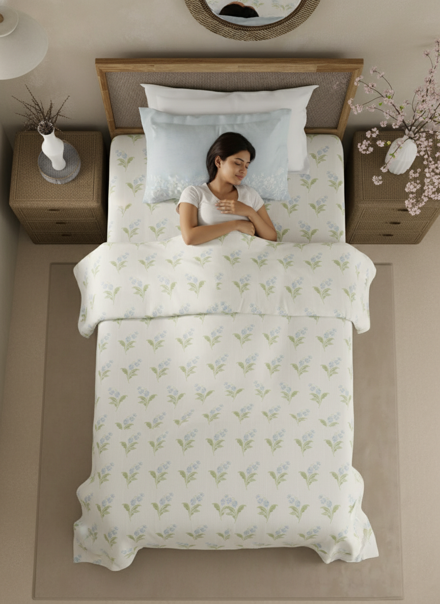 Valatia 100% Cotton 200 TC Single Bedsheet with 1 Pillow Cover - Cream, Green & Blue Floral