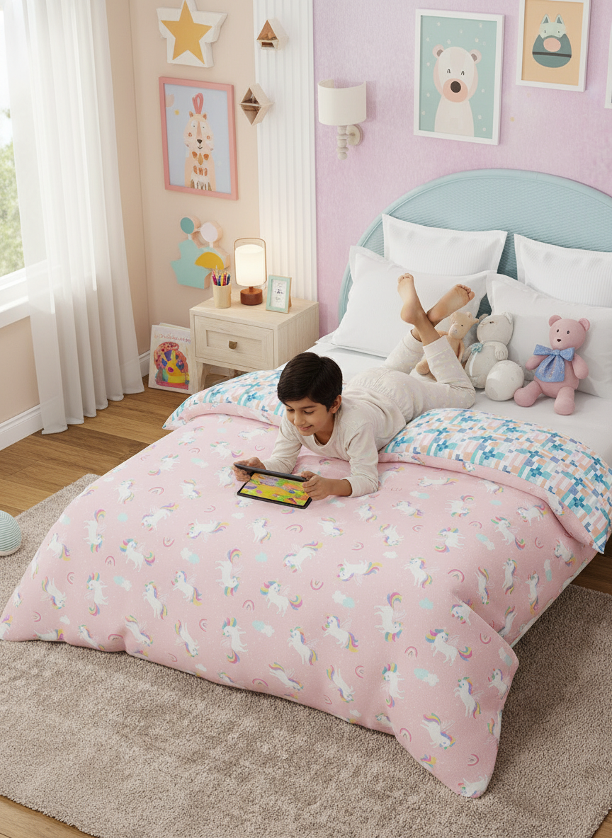 100% Cotton Pink Reversible Double Comforter For Kids, 200 TC Unicorn Print, Rock N Room Collection