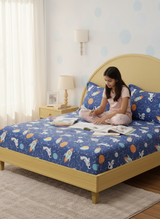 King Fitted Sheet Set for Kids, 100% Cotton 200 TC, Blue Space & Rocket Printed, Rock N Room