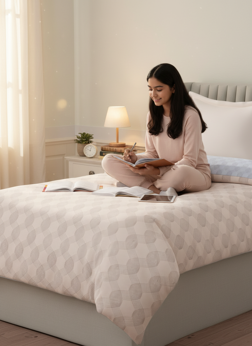 100% Cotton Reversible Single Comforter, 152 TC Cream & Blue Geometrical Print, Embrace Collection