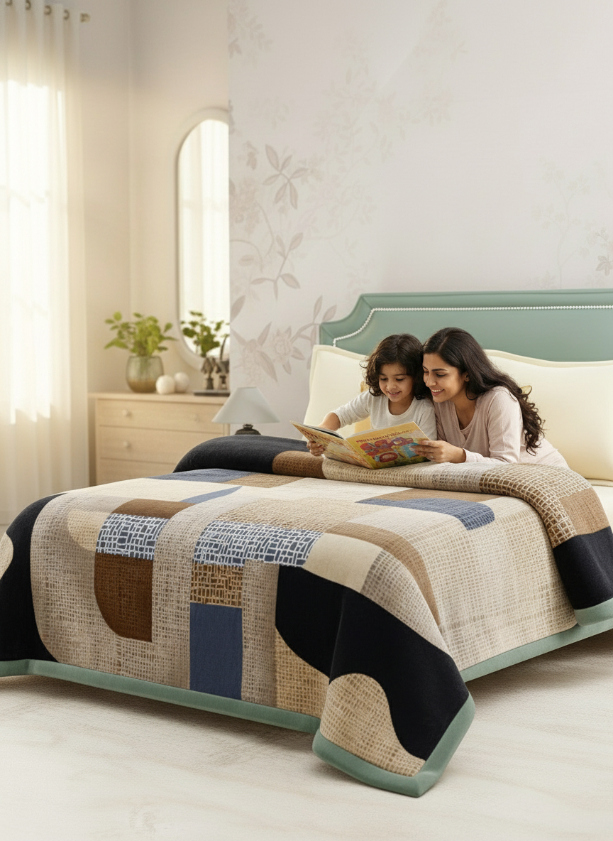 Double Size Blanket, Beige Abstract (2.40 L x 2.20 W meters), Valatia Collection