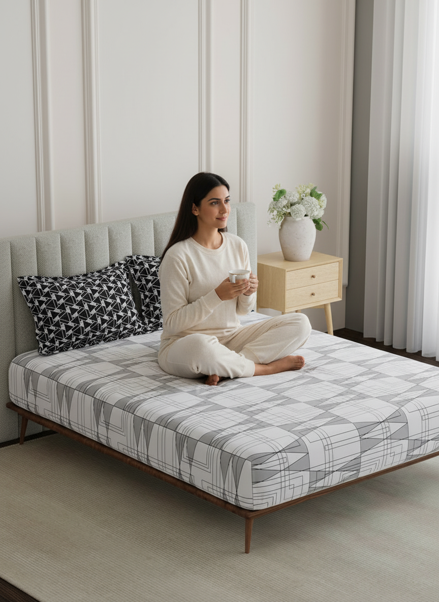 King Fitted Sheet Set, 100% Cotton 152 TC, Grey Geometrical, Embrace