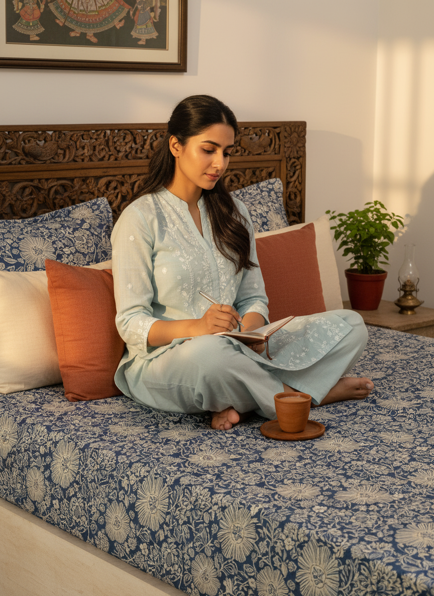 Siesta 100% Cotton 200 TC Blue & Beige Floral Print King Bedsheet with 2 Pillow Covers