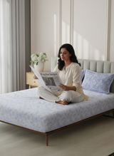 King Fitted Sheet Set, 100% Cotton 152 TC, Blue & White Floral, Embrace