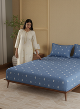 King Fitted Sheet Set, 100% Kasturi Cotton 200 TC, Blue Paisley Print (78 L x 72 W + 13 H inches), Indo Musk