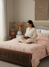 Valatia 100% Cotton 200 TC Karigari Printed Double Bedsheet with 2 Pillow Covers - Peach