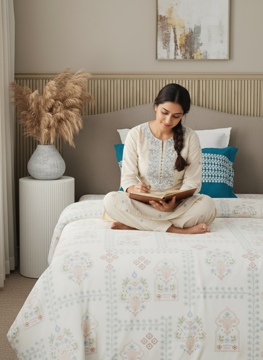 Valatia 100% Cotton 200 TC Karigari Printed Single Bedsheet with 1 Pillow Cover - Blue & White