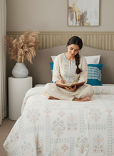 Valatia 100% Cotton 200 TC Karigari Printed Single Bedsheet with 1 Pillow Cover - Blue & White