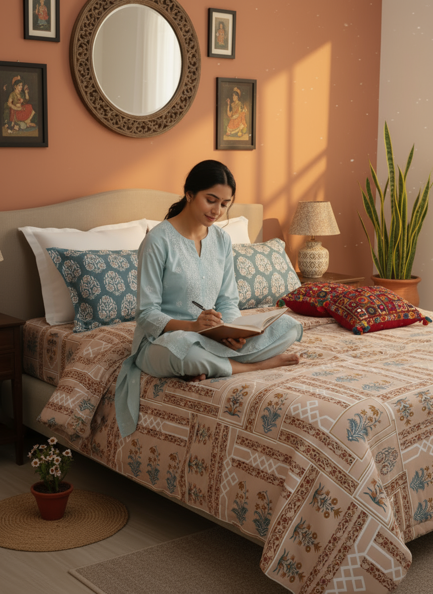 Valatia 100% Cotton 200 TC Karigari Printed Double Bedsheet with 2 Pillow Covers - Brown & Blue